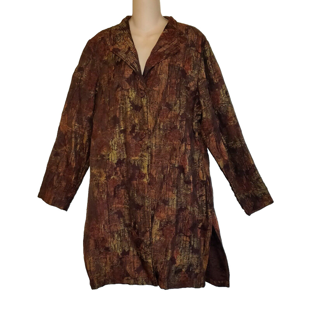 Brown Jacket Duster Blazer COLDWATER CREEK Shirred Textile Artsy Sz L